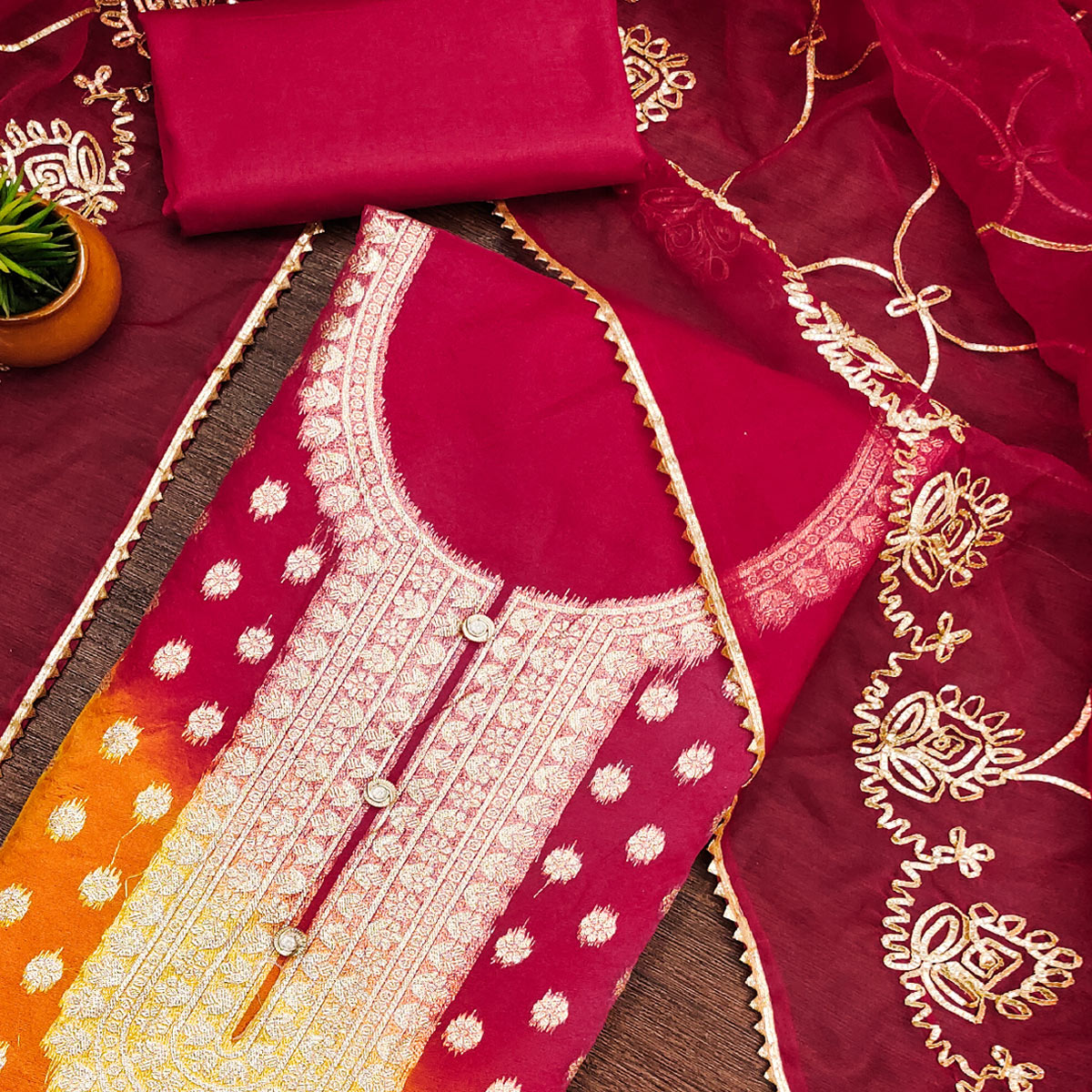 Cherry Red Floral Woven Organza Jacquard Dress Material