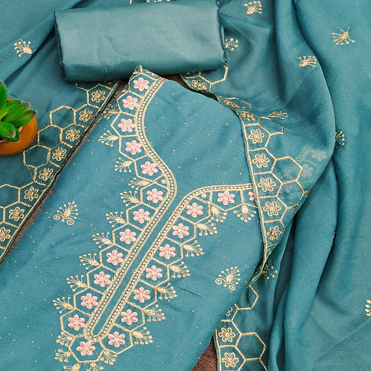 Blue Floral Embroidered Georgette Dress Material