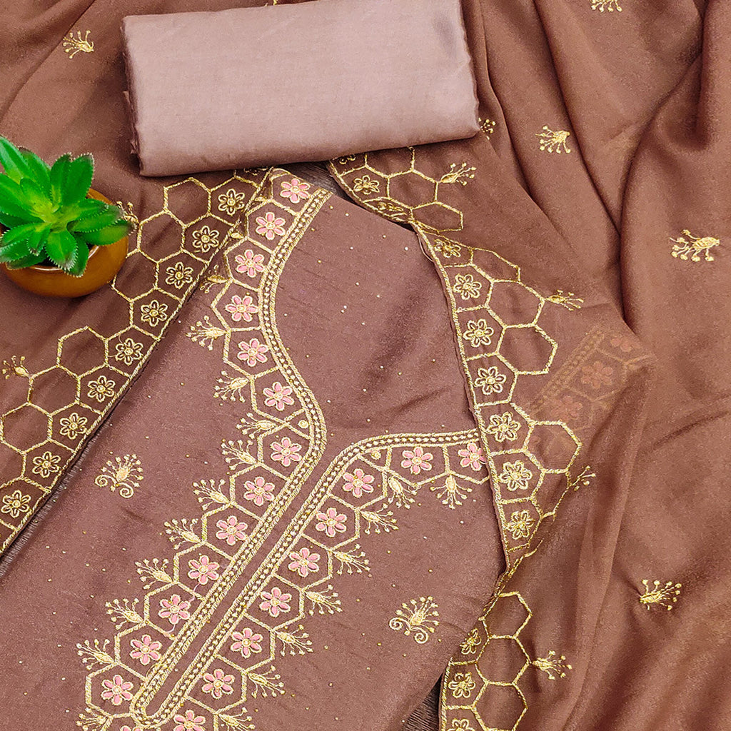 Brown Floral Embroidered Georgette Dress Material