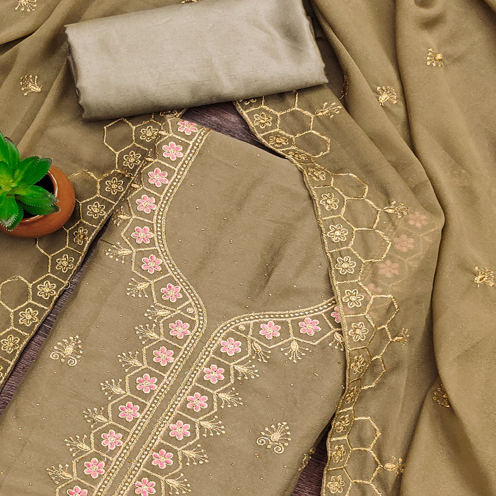 Chikoo Floral Embroidered Georgette Dress Material