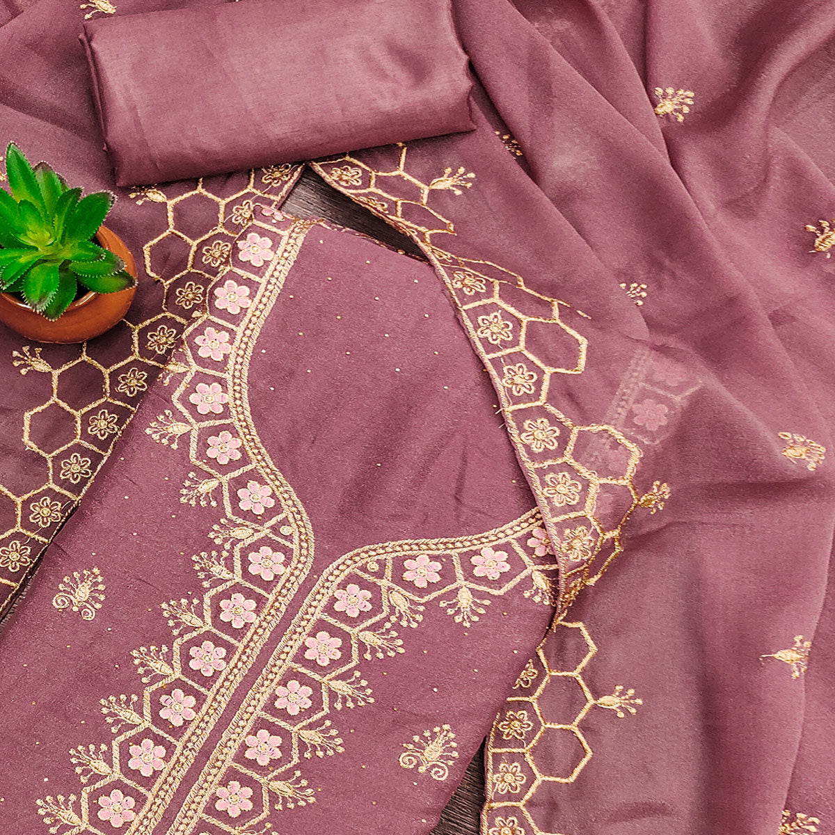 Mauve Floral Embroidered Georgette Dress Material