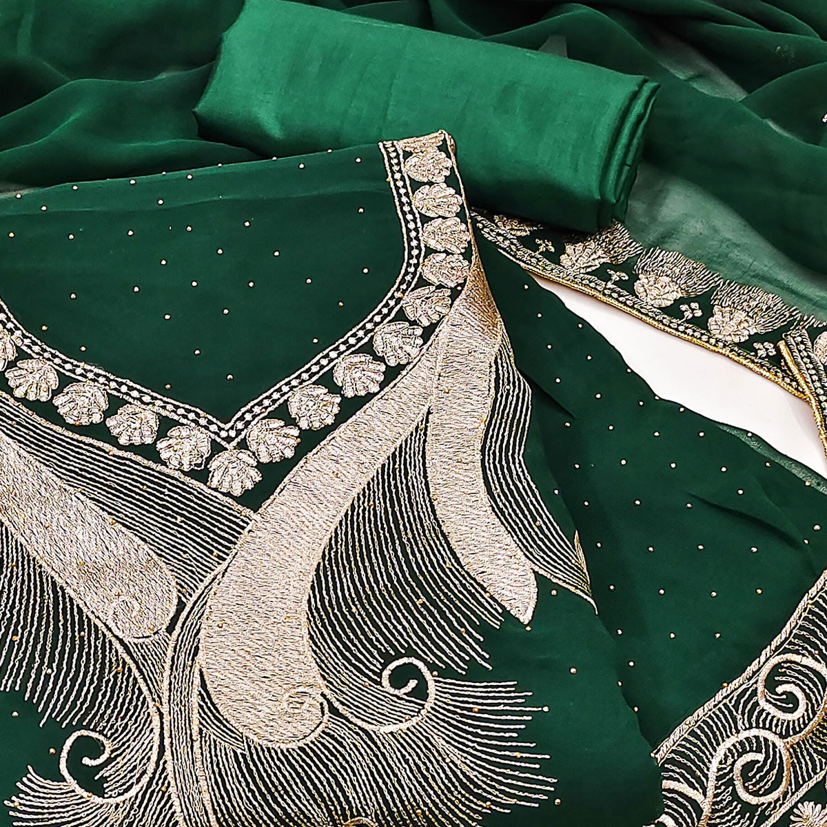 Green Embroidered With Swarovski Work Georgette Dress Material