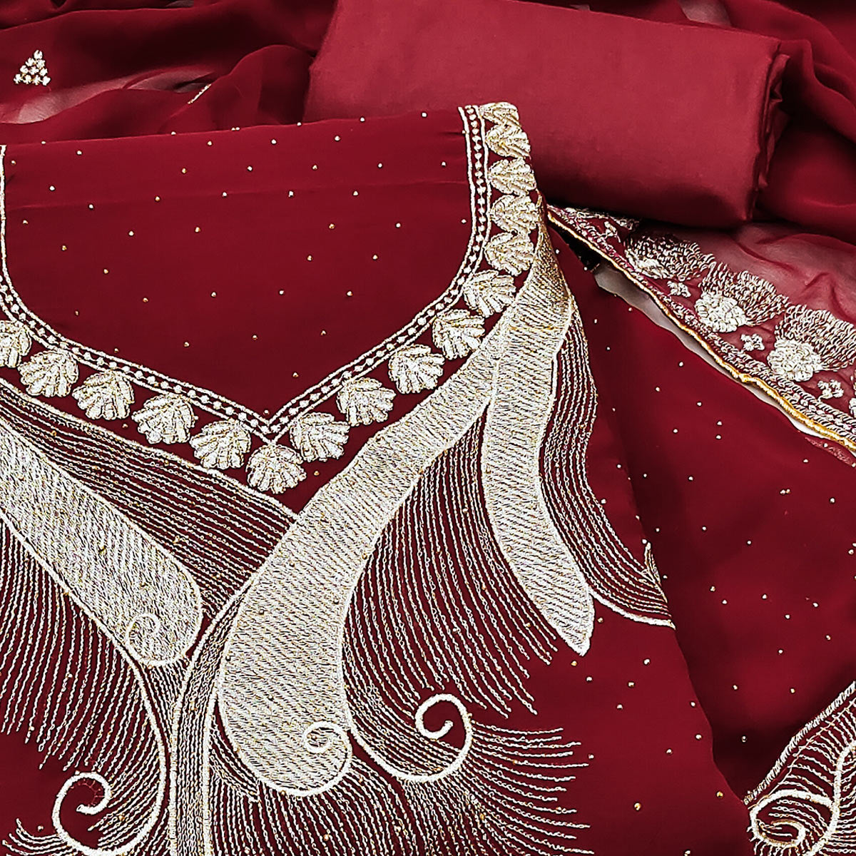 Maroon Embroidered With Swarovski Work Georgette Dress Material