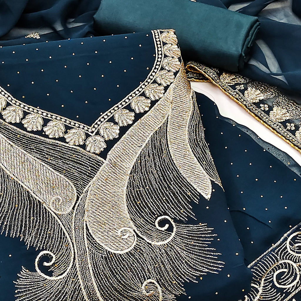 Morpich Blue Embroidered With Swarovski Work Georgette Dress Material