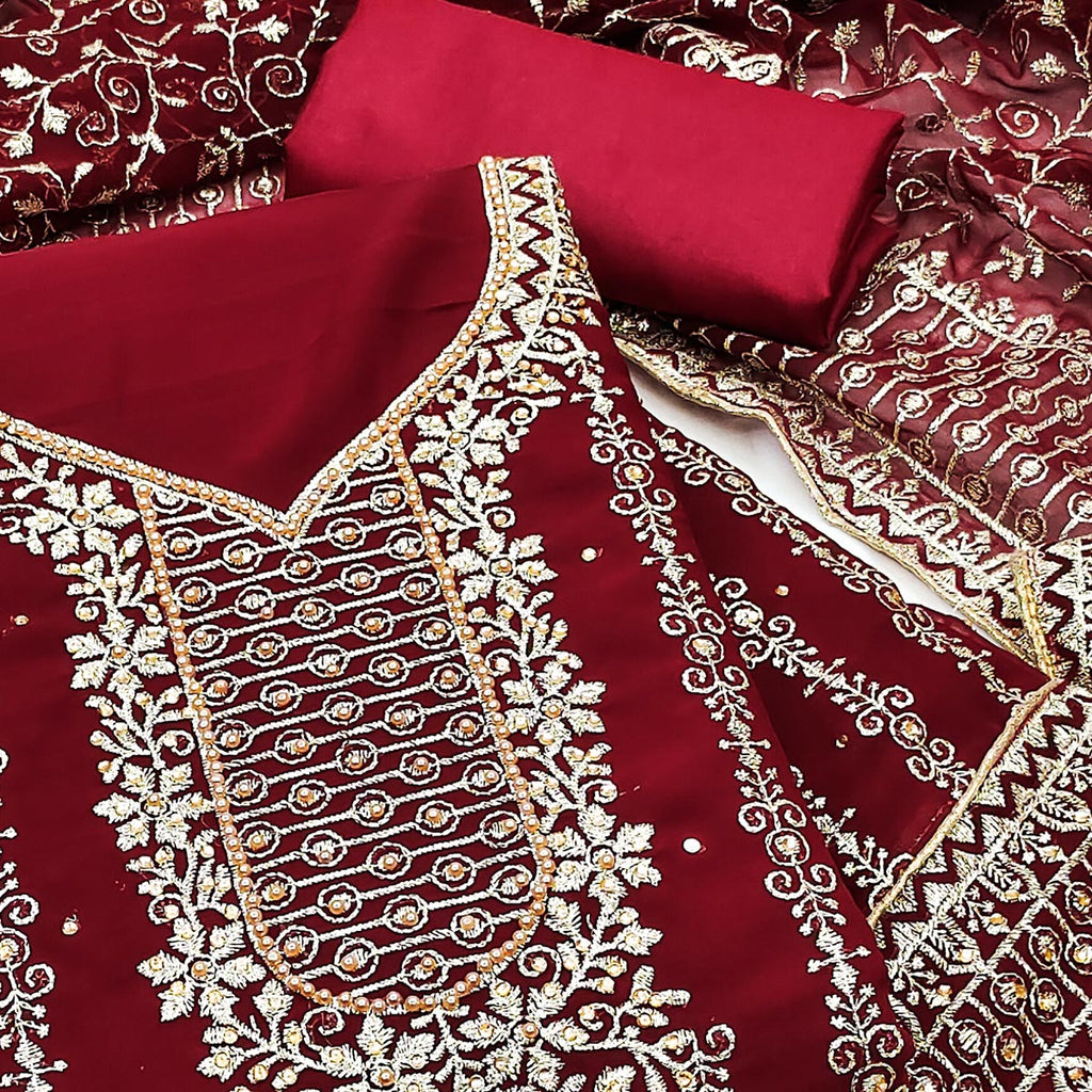 Maroon Floral Embroidered Georgette Dress Material