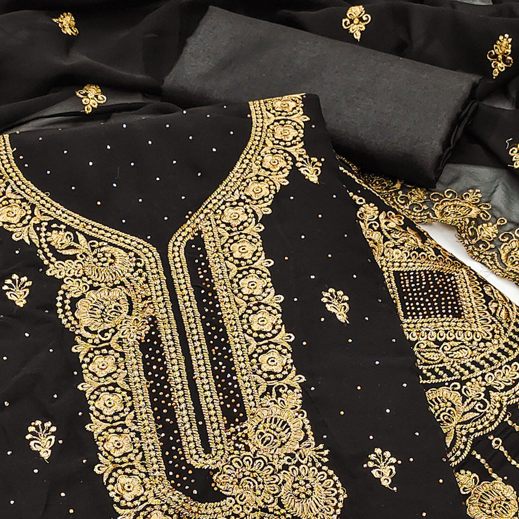Black Embroidered With Swarovski Work Georgette Dress Material