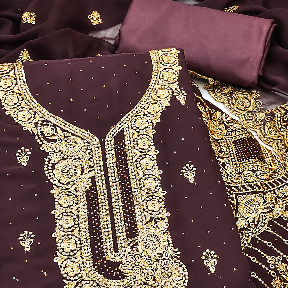 Brown Embroidered With Swarovski Work Georgette Dress Material