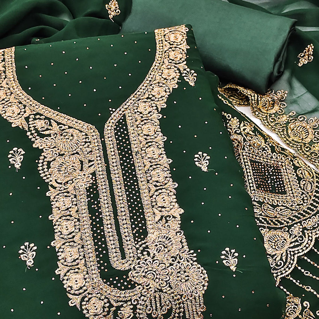 Green Embroidered With Swarovski Work Georgette Dress Material
