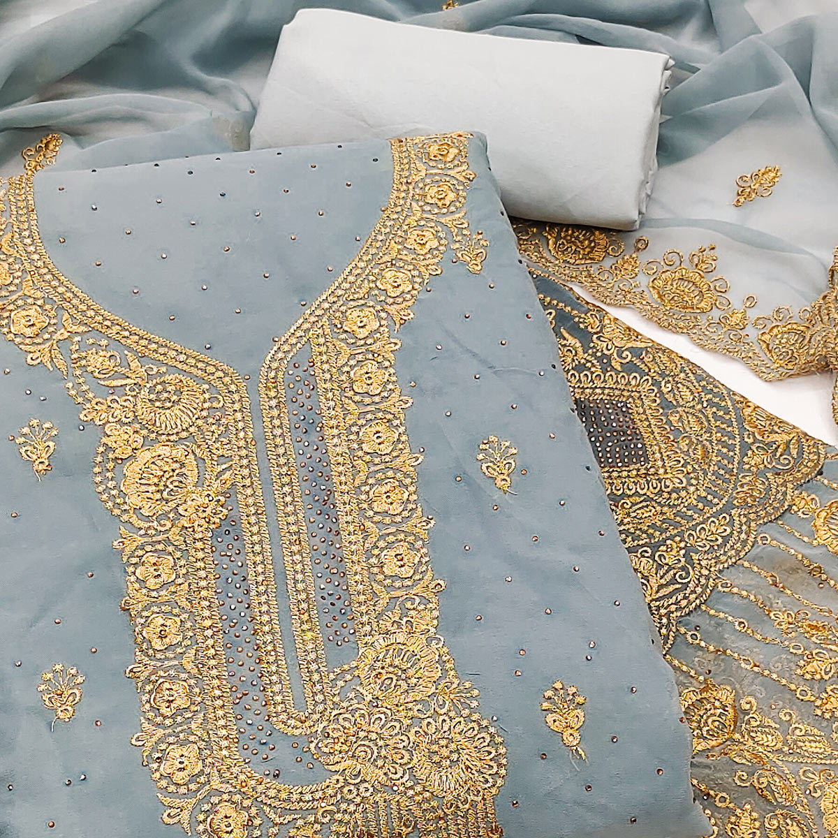 Grey Embroidered With Swarovski Work Georgette Dress Material