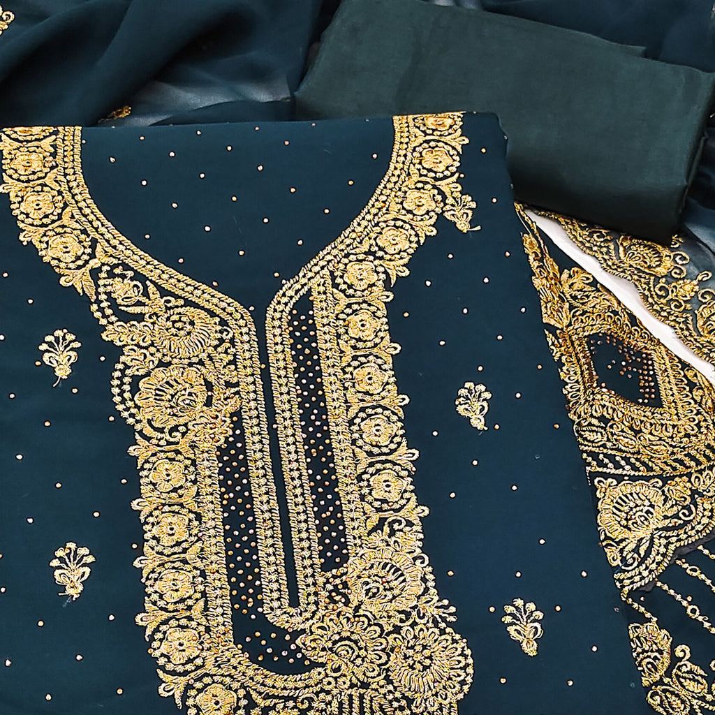 Morpich Blue Embroidered With Swarovski Work Georgette Dress Material