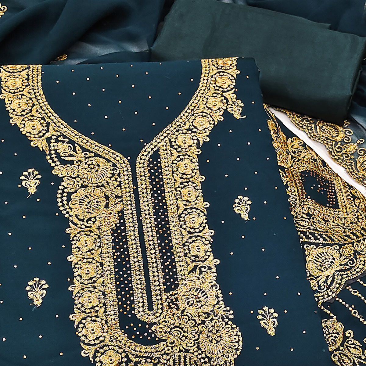 Morpich Blue Embroidered With Swarovski Work Georgette Dress Material