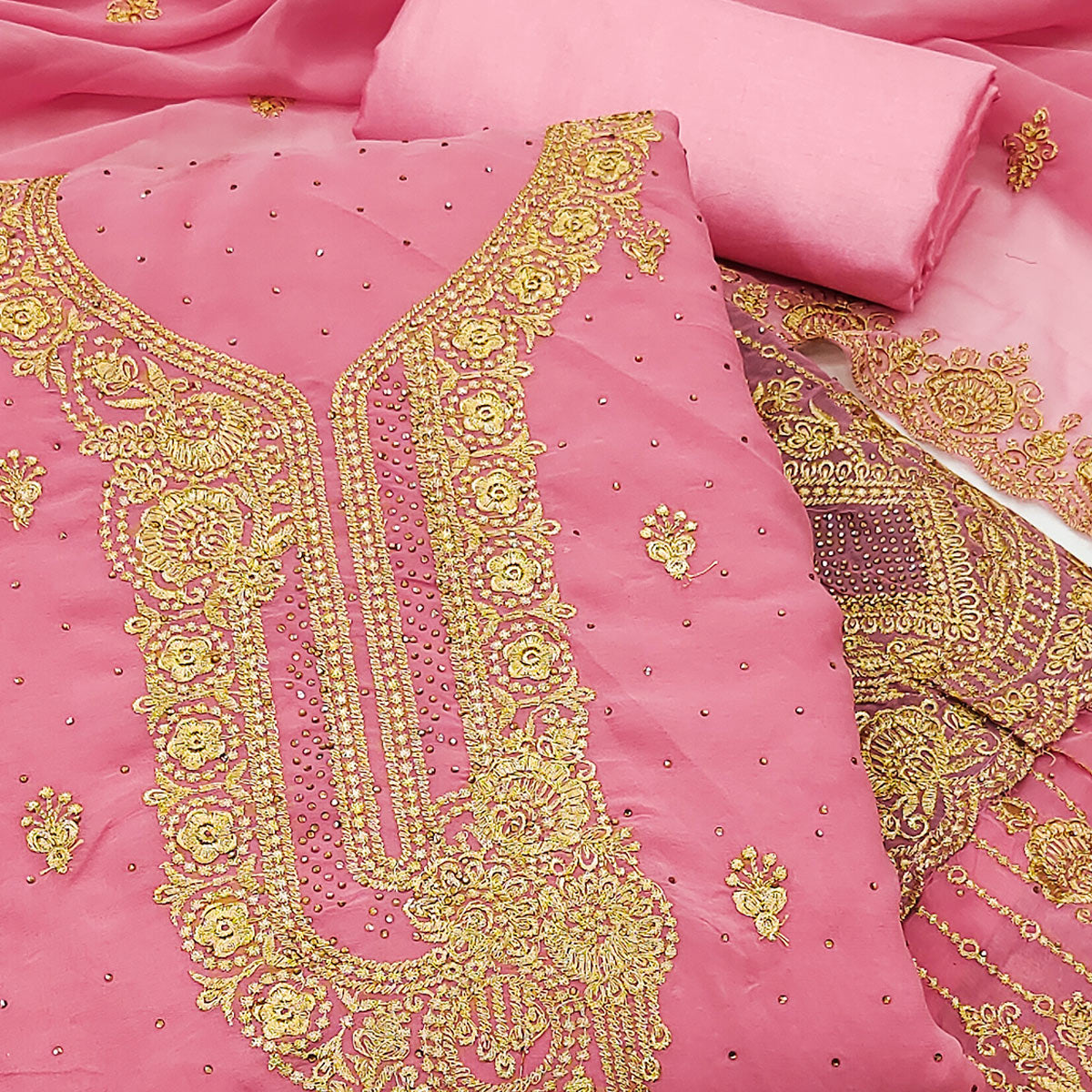 Pink Embroidered With Swarovski Work Georgette Dress Material