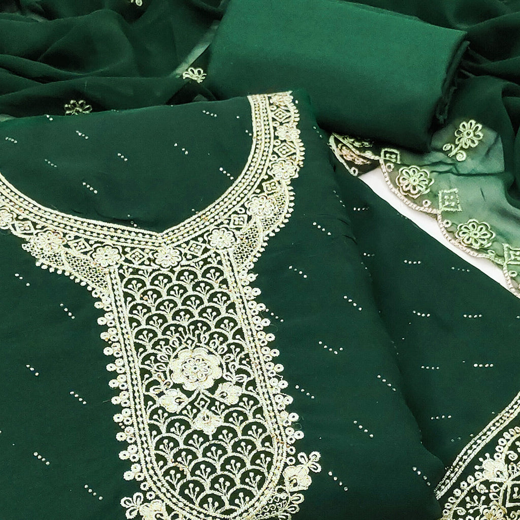 Green Floral Embroidered With Swarovski Work Georgette Dress Material