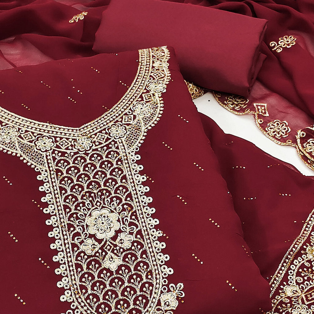 Maroon Floral Embroidered With Swarovski Work Georgette Dress Material