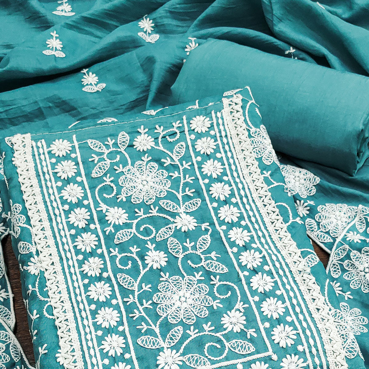 Blue Floral Embroidered Art Silk Dress Material