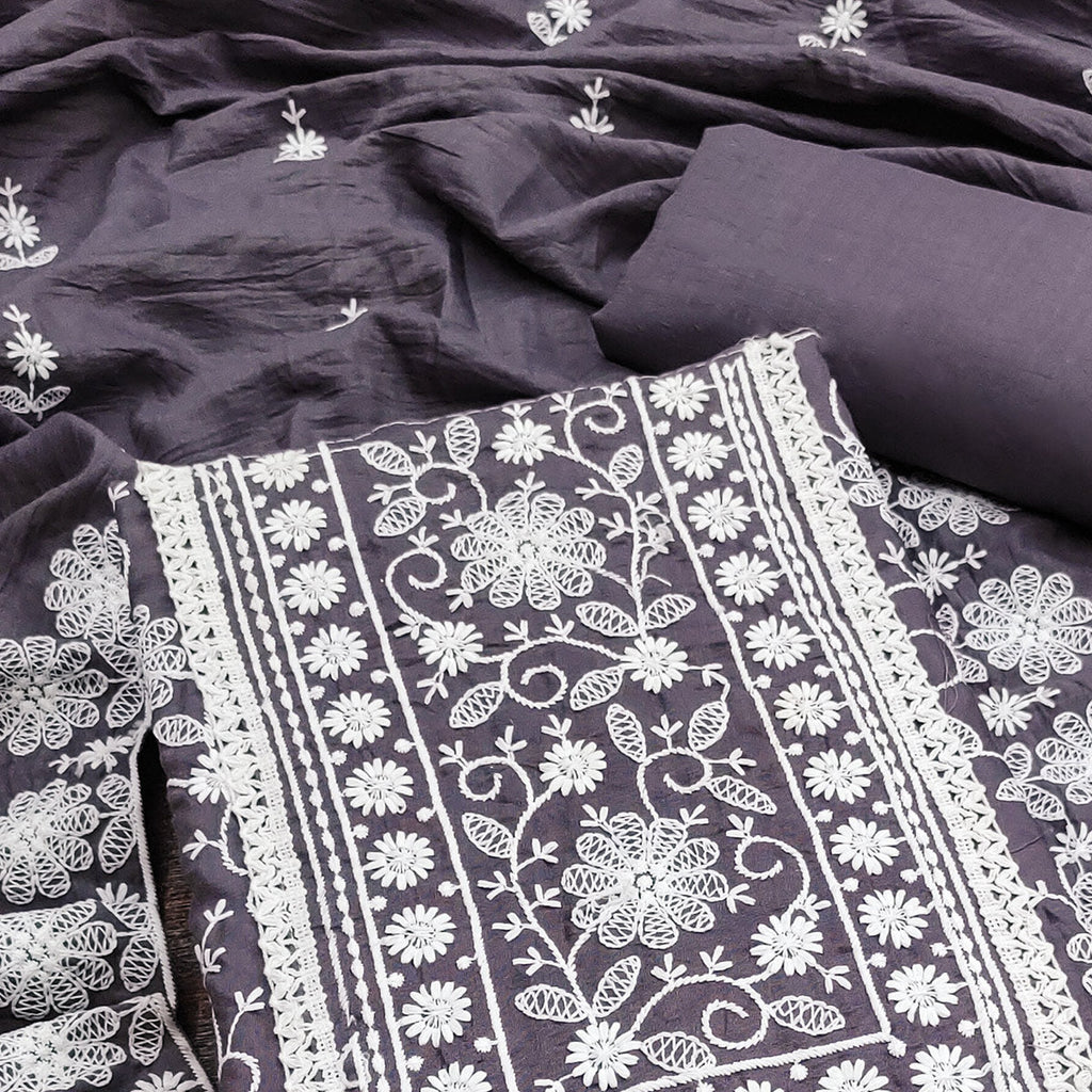 Dark Grey Floral Embroidered Art Silk Dress Material