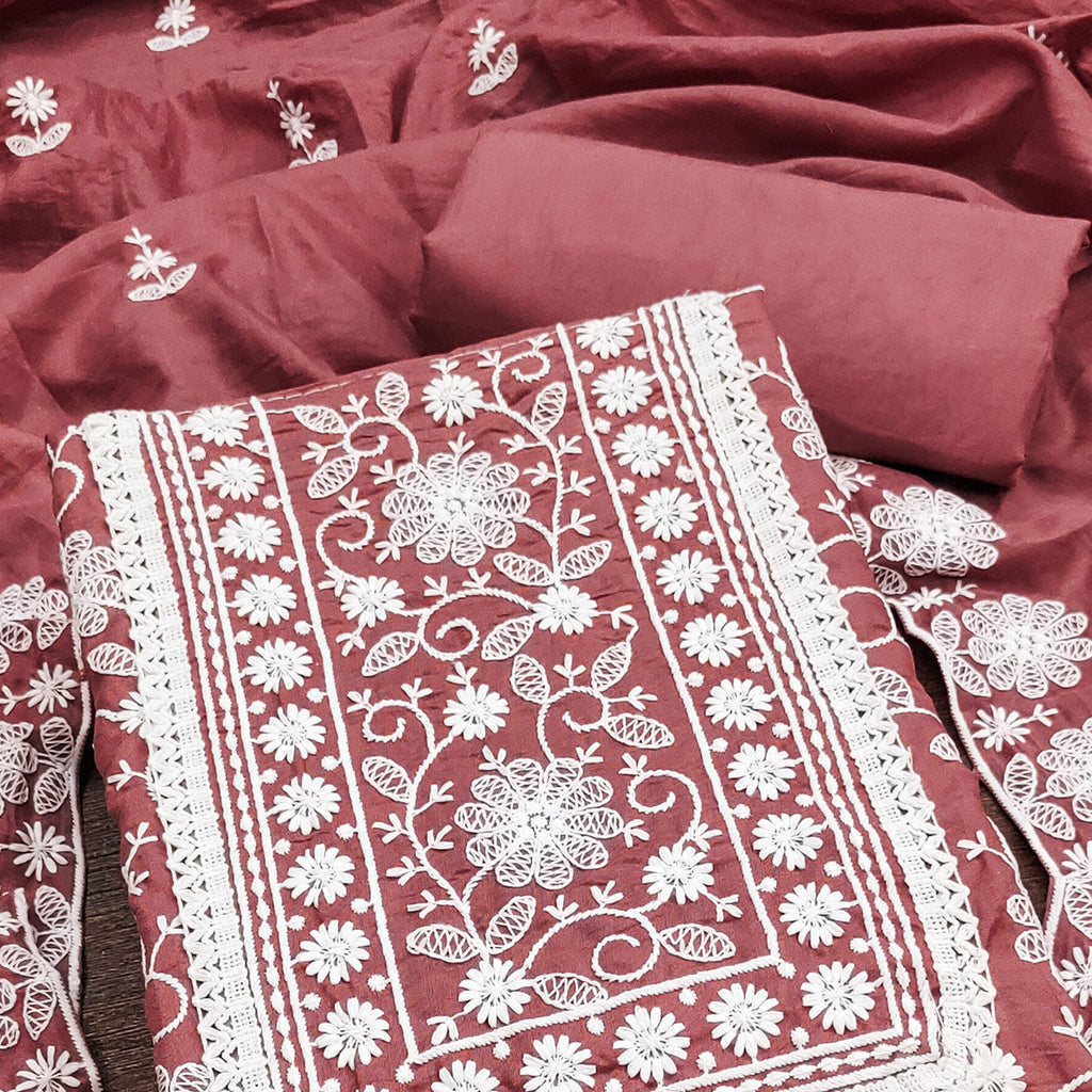 Dusty Rose Pink Floral Embroidered Art Silk Dress Material