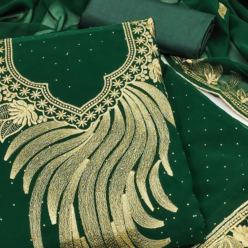 Drape Yourself In Luxury Green Floral Embroidery With Stone Work Georgette Dress Material