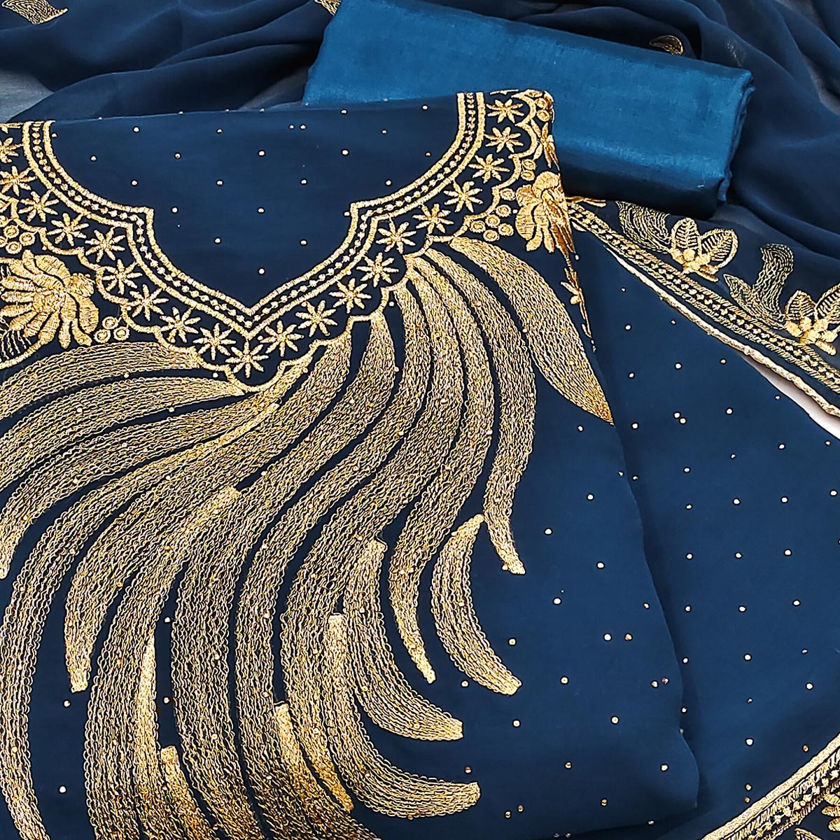 A Mesmerizing Creation Morpich Blue Floral Embroidery With Stone Work Georgette Dress Material