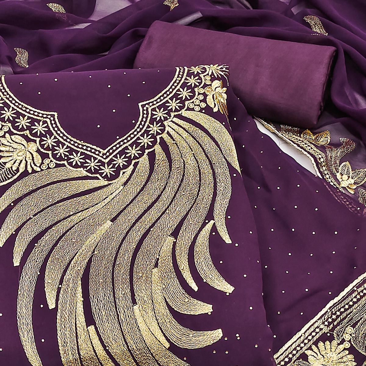 A Mesmerizing Creation Wine Floral Embroidery With Stone Work Georgette Dress Material