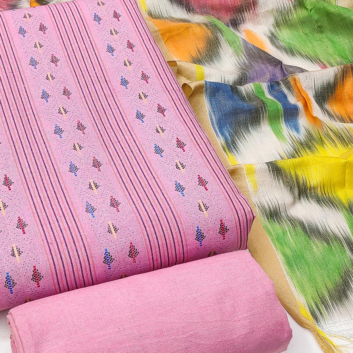 A Mesmerizing Creation Pink Woven Cotton Blend Dress Material