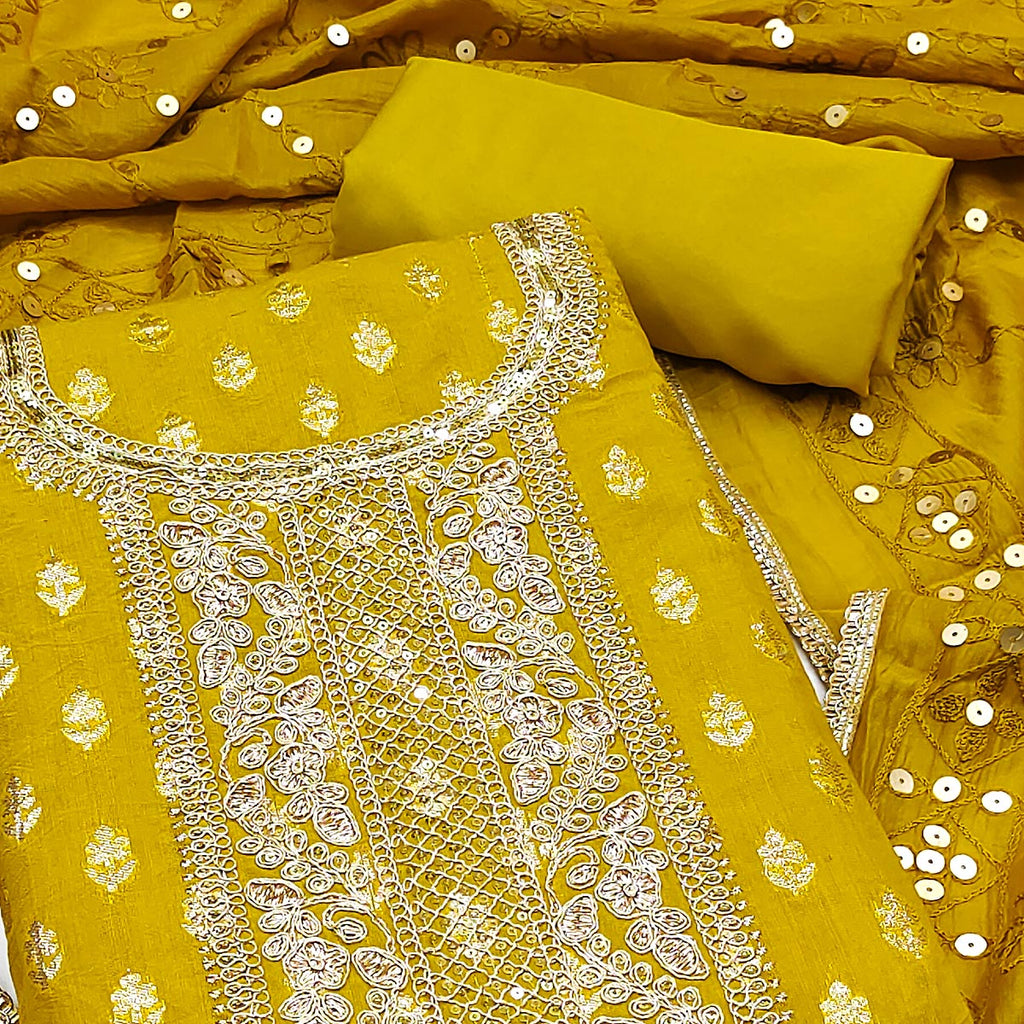 A Timeless Beauty Light Mustard Floral Cording Zari Embroidered Chanderi Dress Material