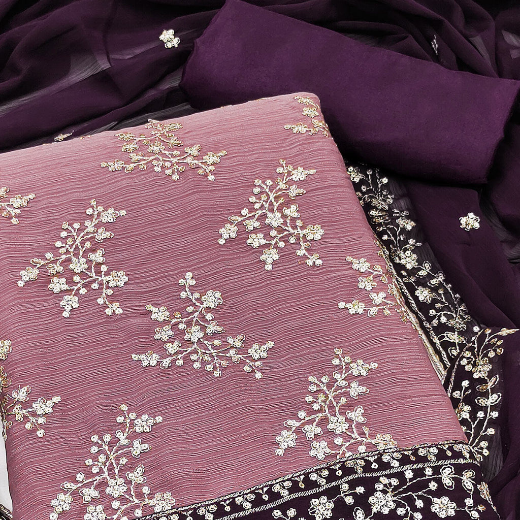 Light Mauve Floral Sequins Embroidered Zomoto Art Silk Dress Material