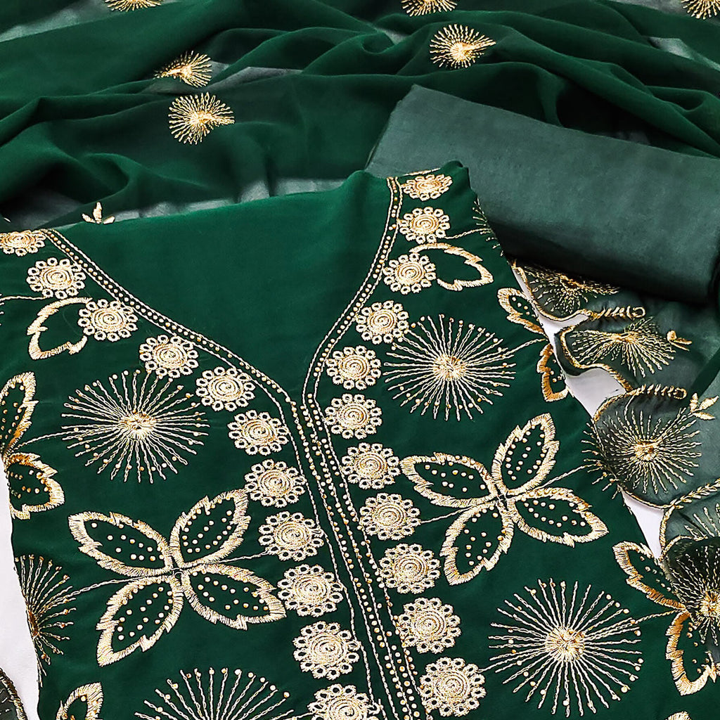 Green Georgette Dress Material Featuring Delicate Floral Zari Embroidery