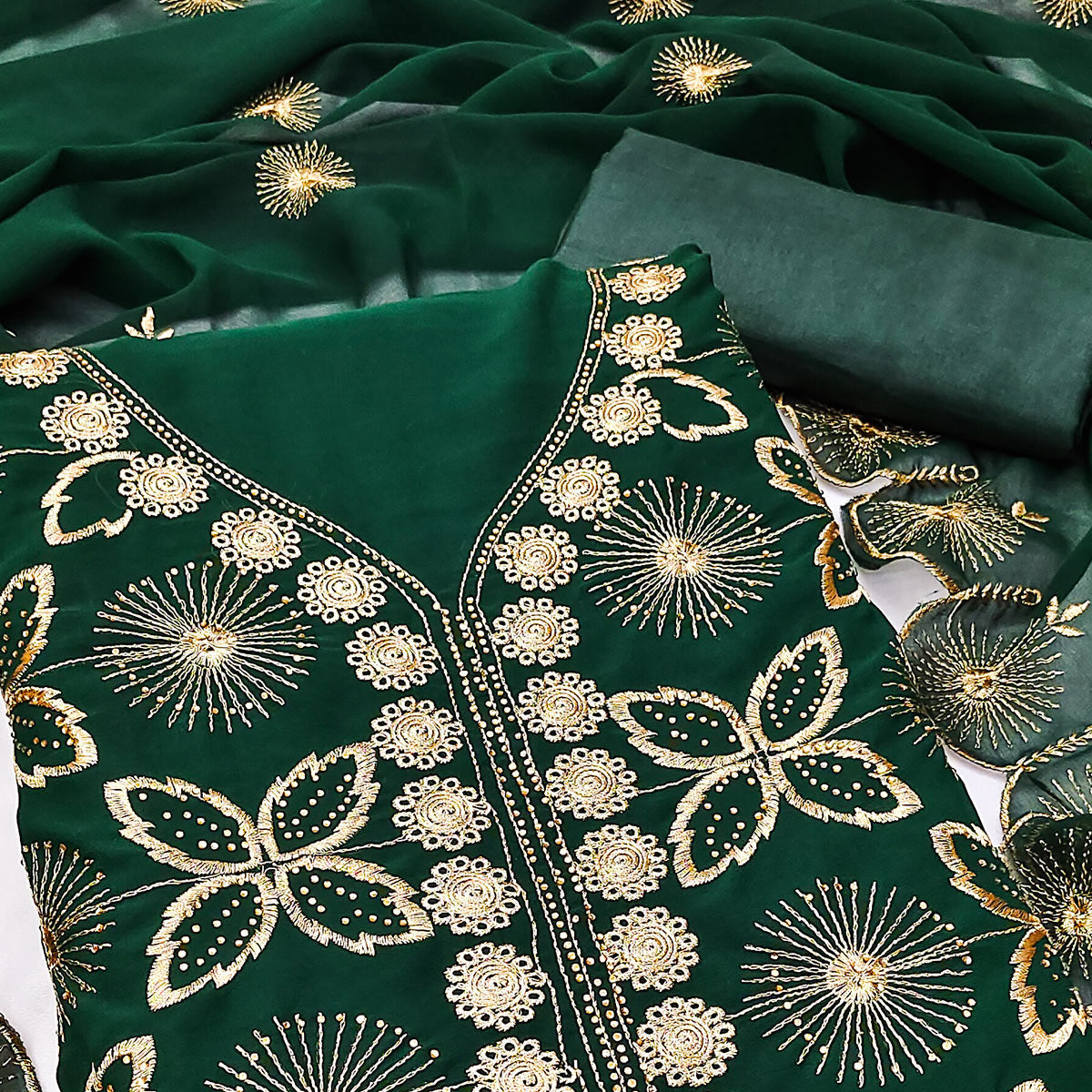 Green Georgette Dress Material Featuring Delicate Floral Zari Embroidery