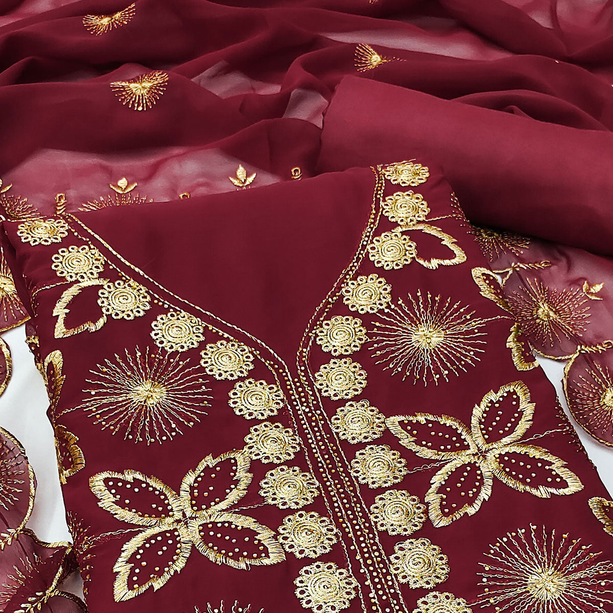 Maroon Georgette Dress Material Featuring Delicate Floral Zari Embroidery