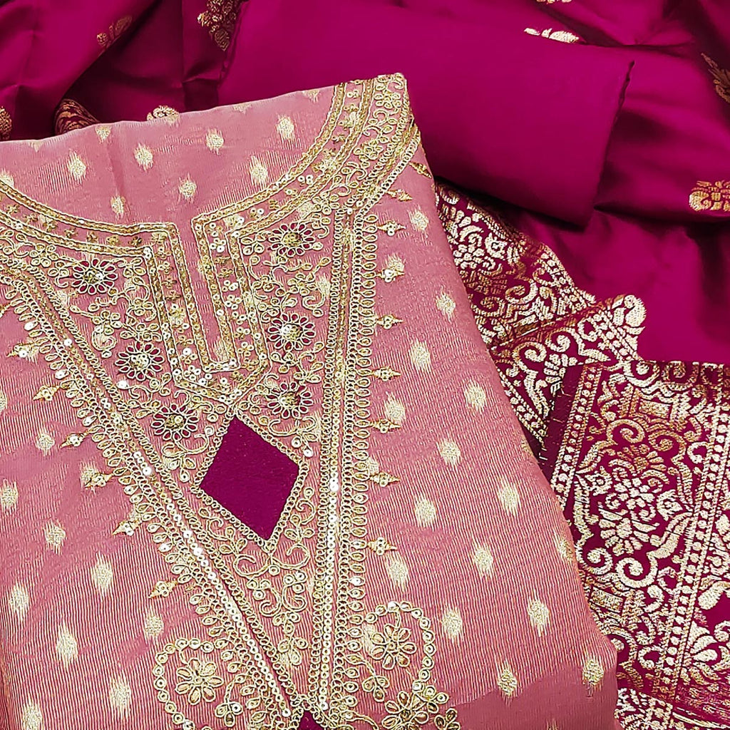 Gajari Pink Woven Banarasi Silk Dress Material With Intricate Cording & Sequin Embellishments