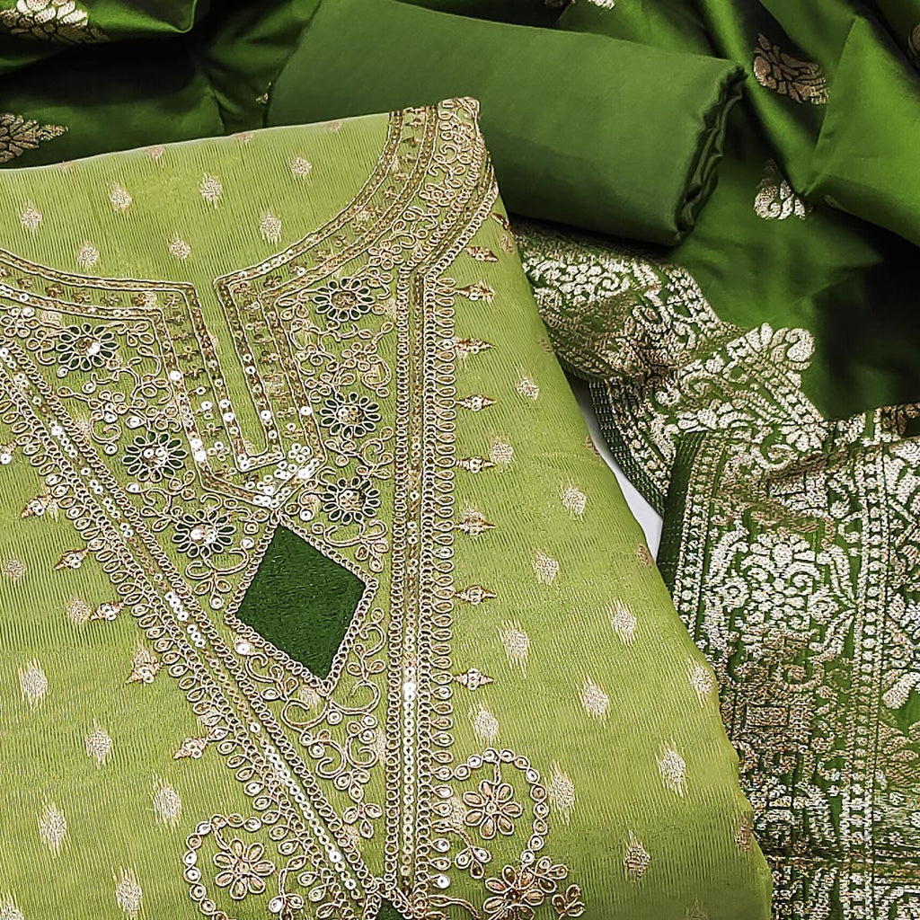 Green Woven Banarasi Silk Dress Material With Intricate Cording & Sequin Embellishments