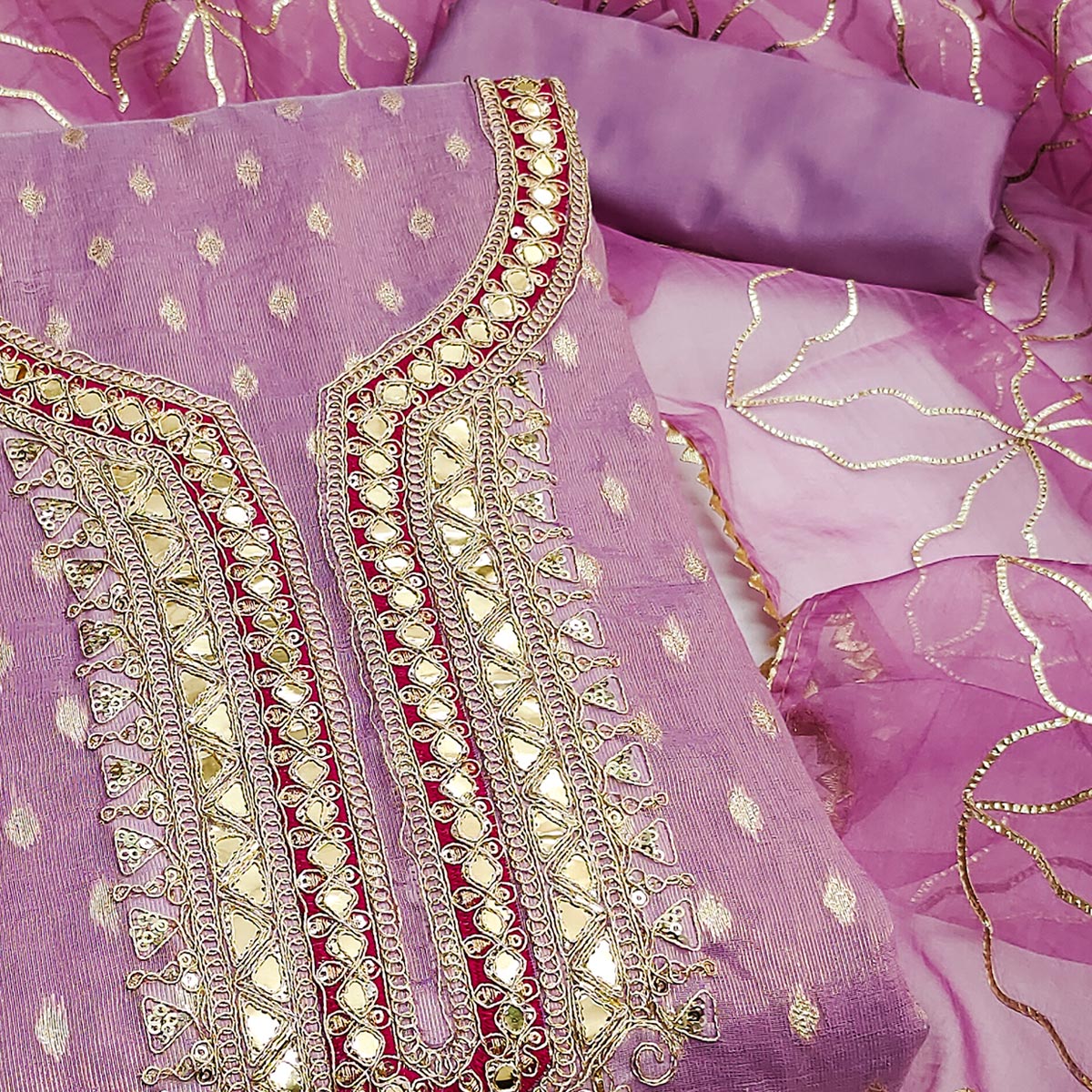 Lavender Woven Shimmer Silk Dress Material Adorned With Sequins & Gota Patti Work