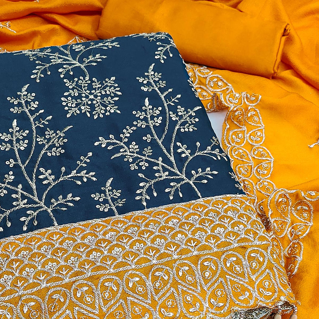 Blue Vichitra Silk Dress Material With Exquisite Sequins & Zari Embroidery