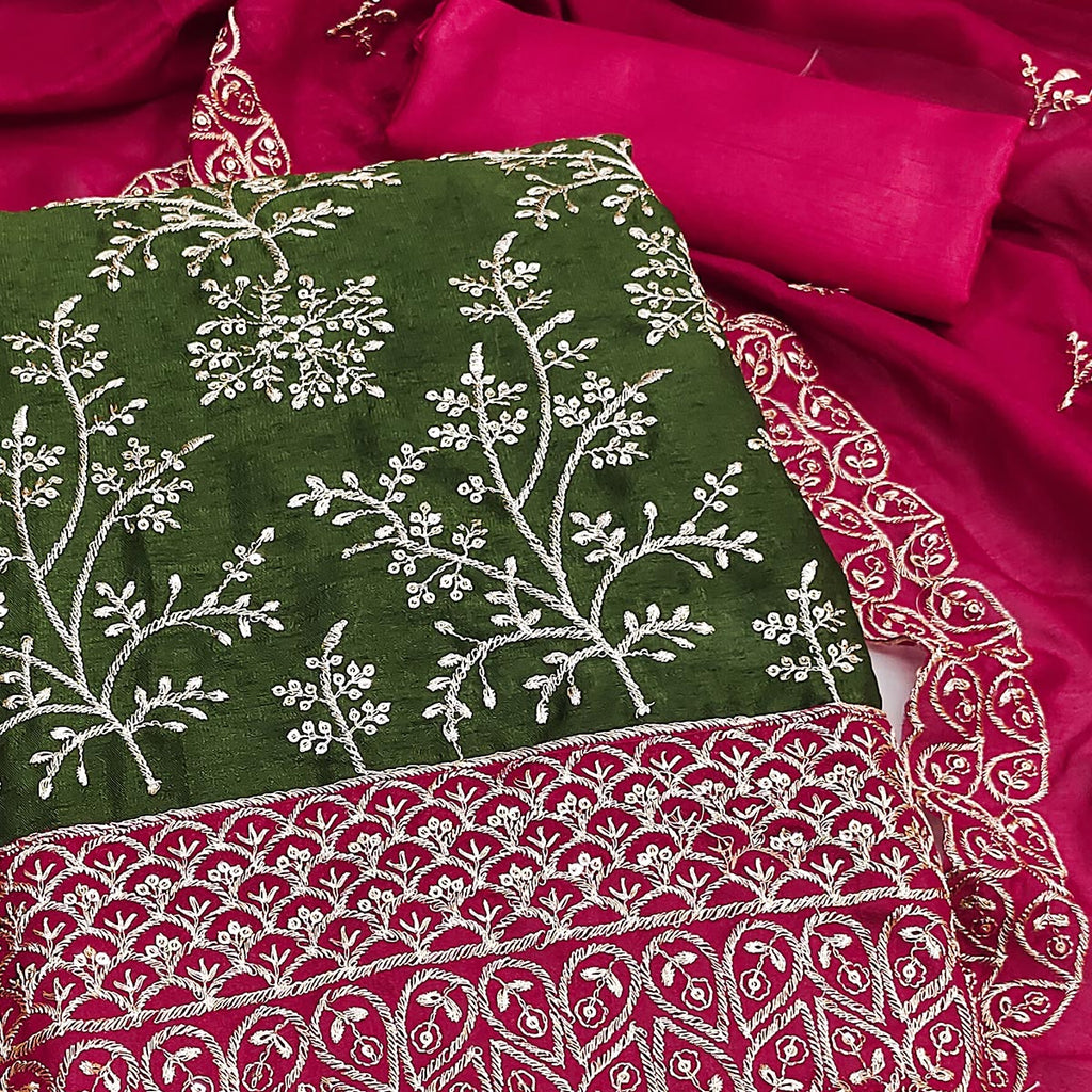 Mehendi Green Vichitra Silk Dress Material With Exquisite Sequins & Zari Embroidery