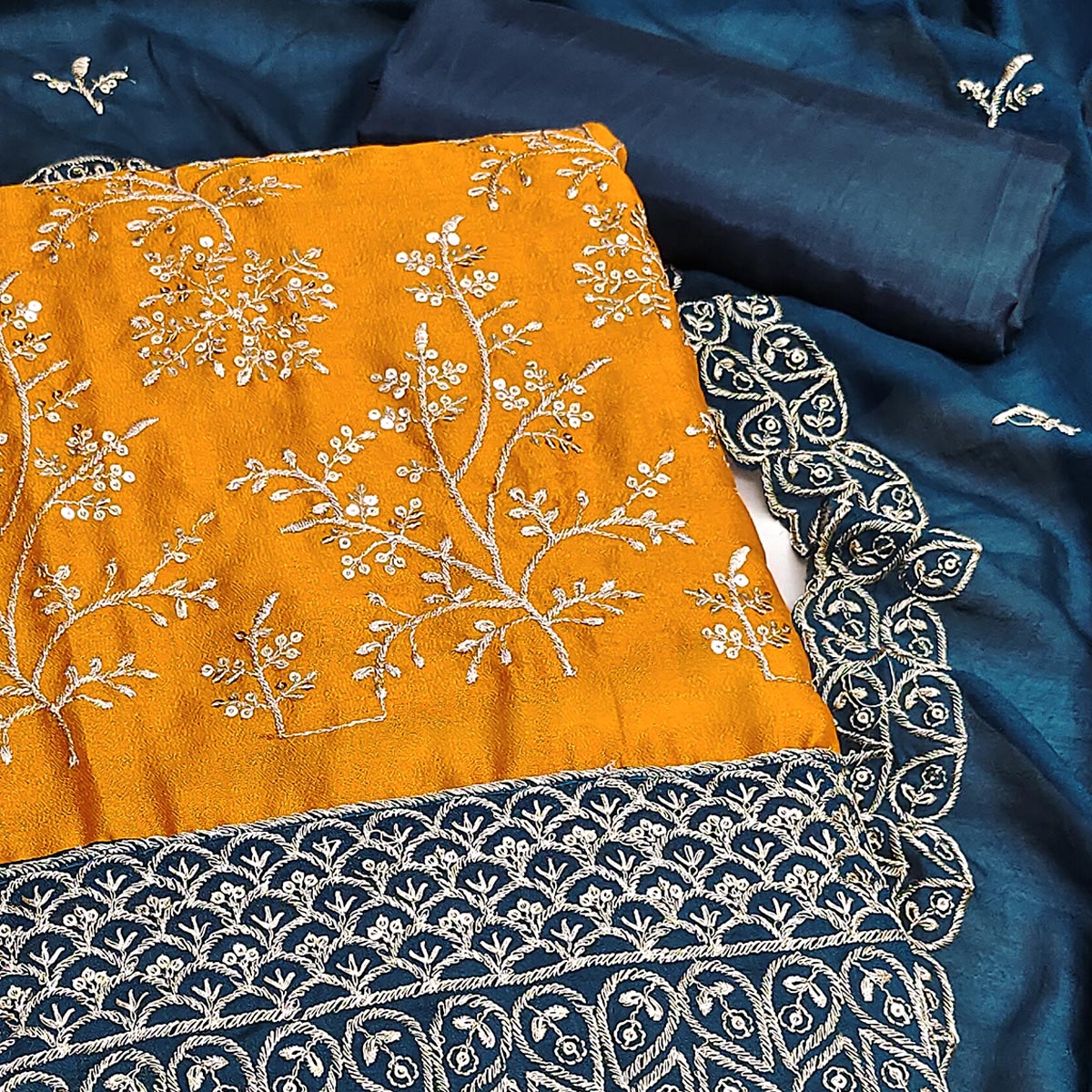 Mustard Vichitra Silk Dress Material With Exquisite Sequins & Zari Embroidery