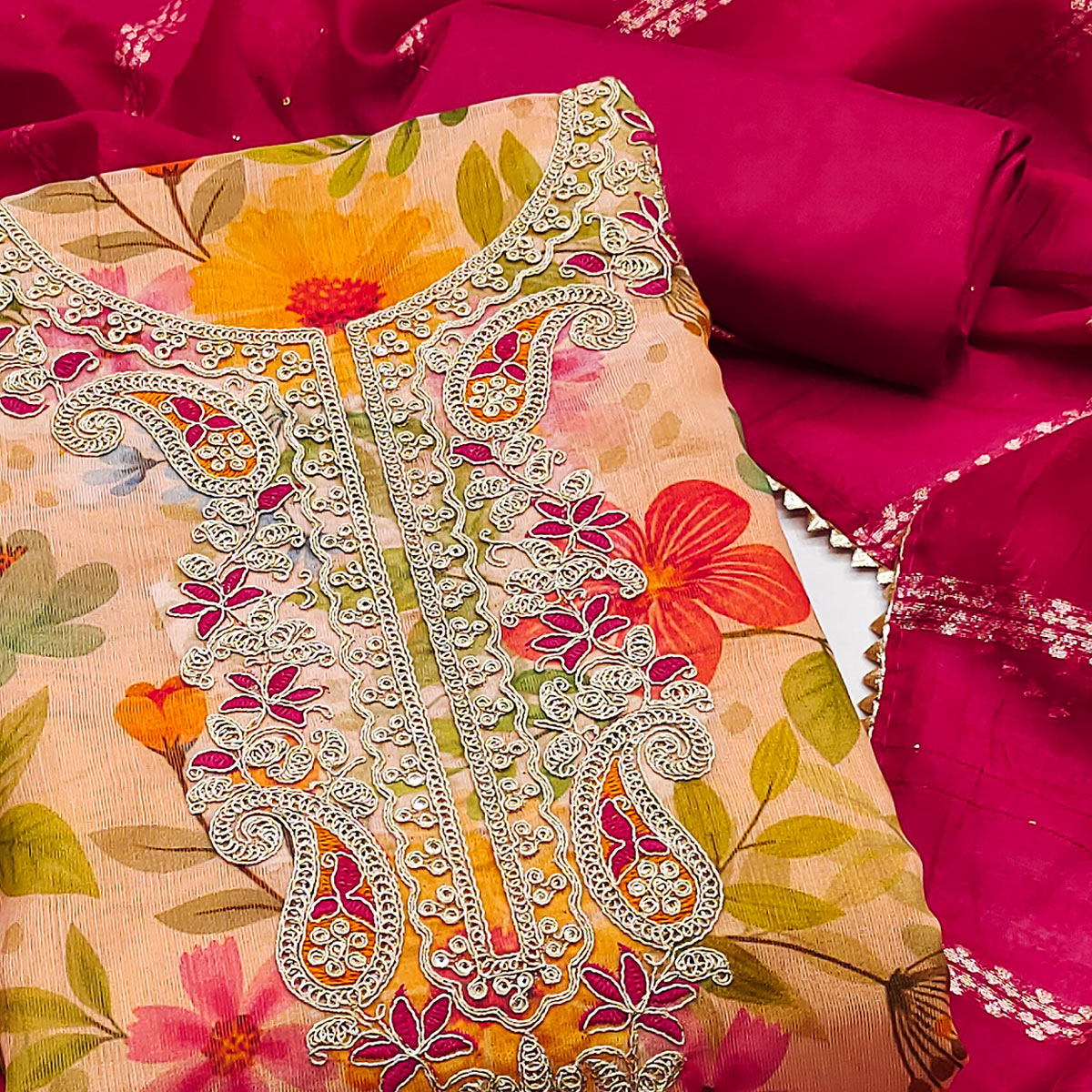 Light Orange Shimmer Silk Dress Material With Floral Digital Print & Sequins Embroidery