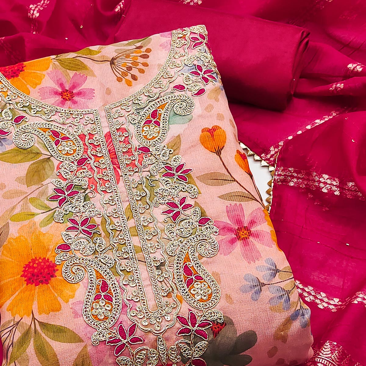 Pink Shimmer Silk Dress Material With Floral Digital Print & Sequins Embroidery