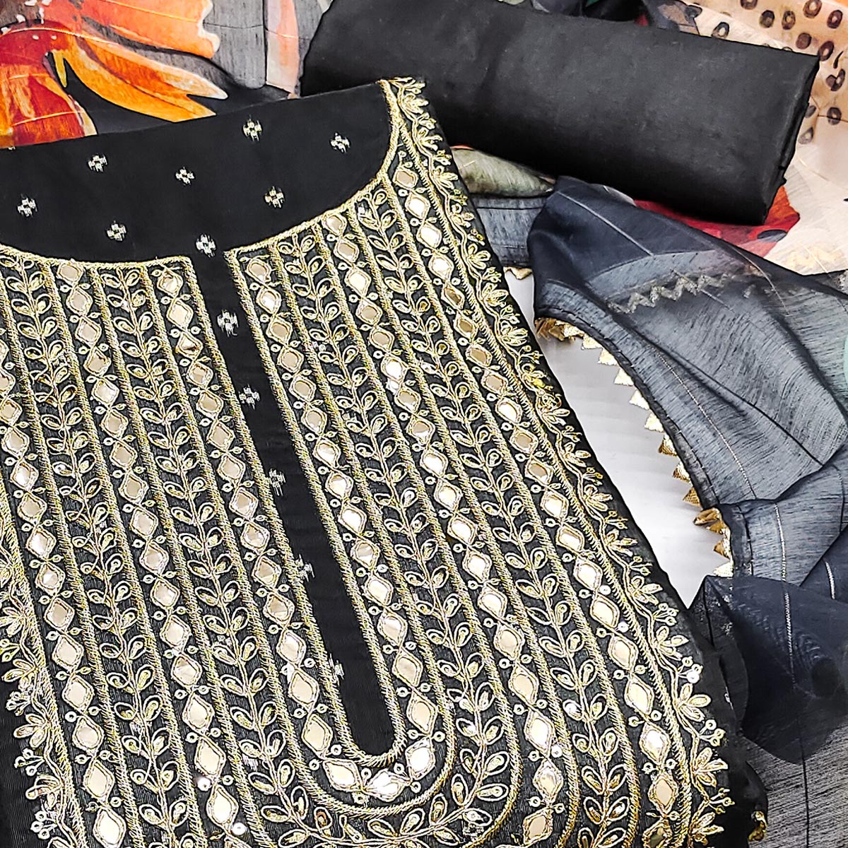 Black Woven With Cording Sequins Embroidered Chanderi Silk Dress Material