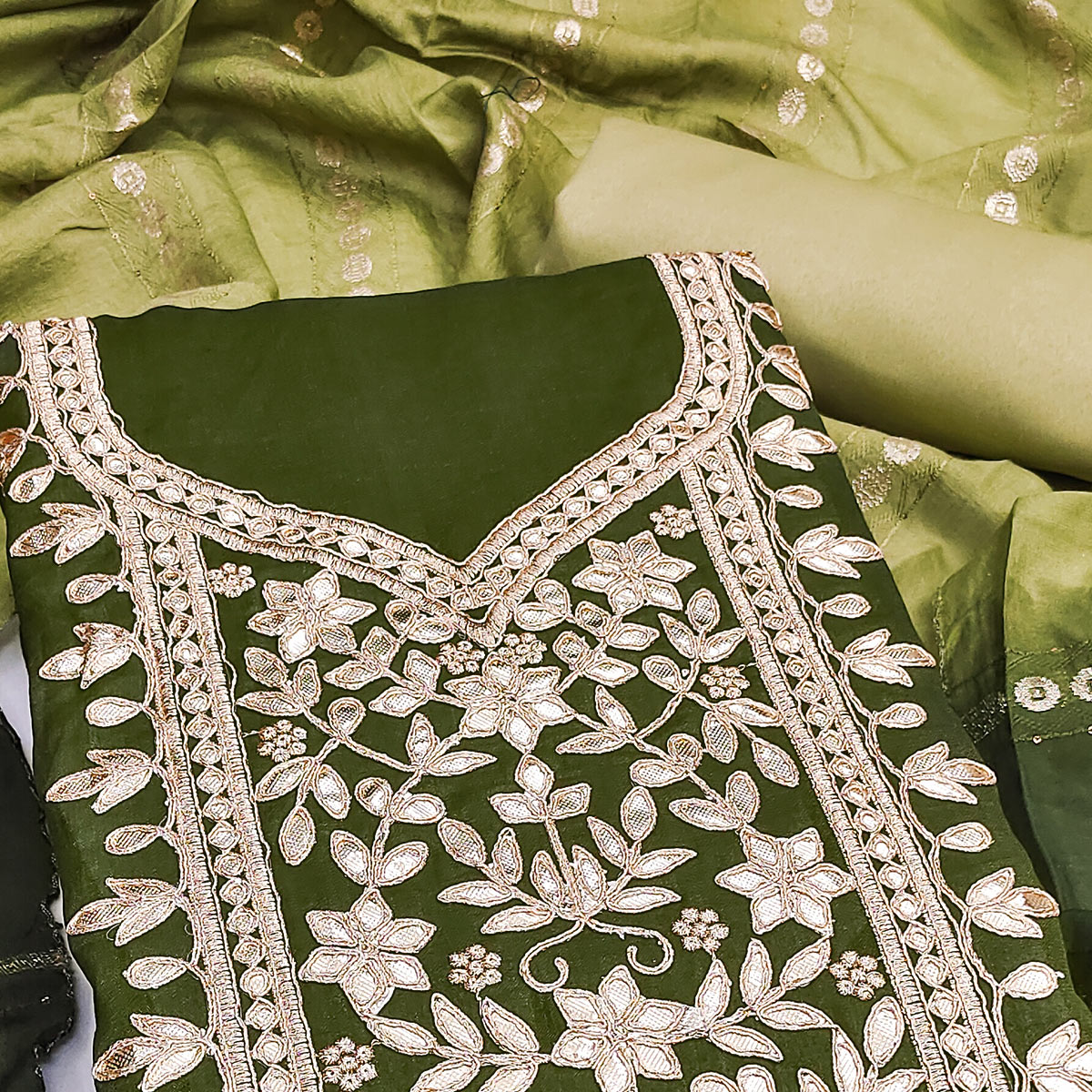 Mehendi Green Vichitra Silk Dress Material With Exquisite Floral Embroidery & Gota Patti Accents