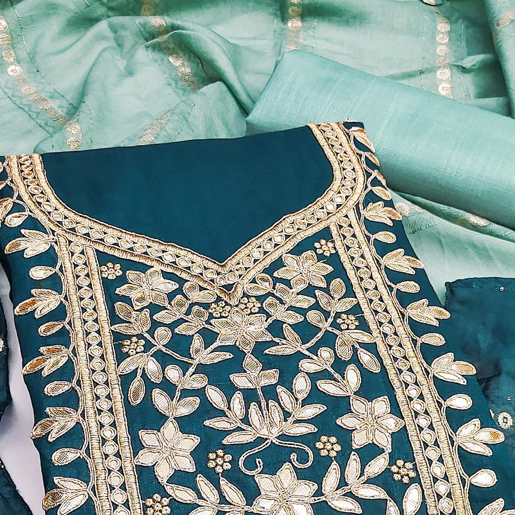Morpich Blue Vichitra Silk Dress Material With Exquisite Floral Embroidery & Gota Patti Accents