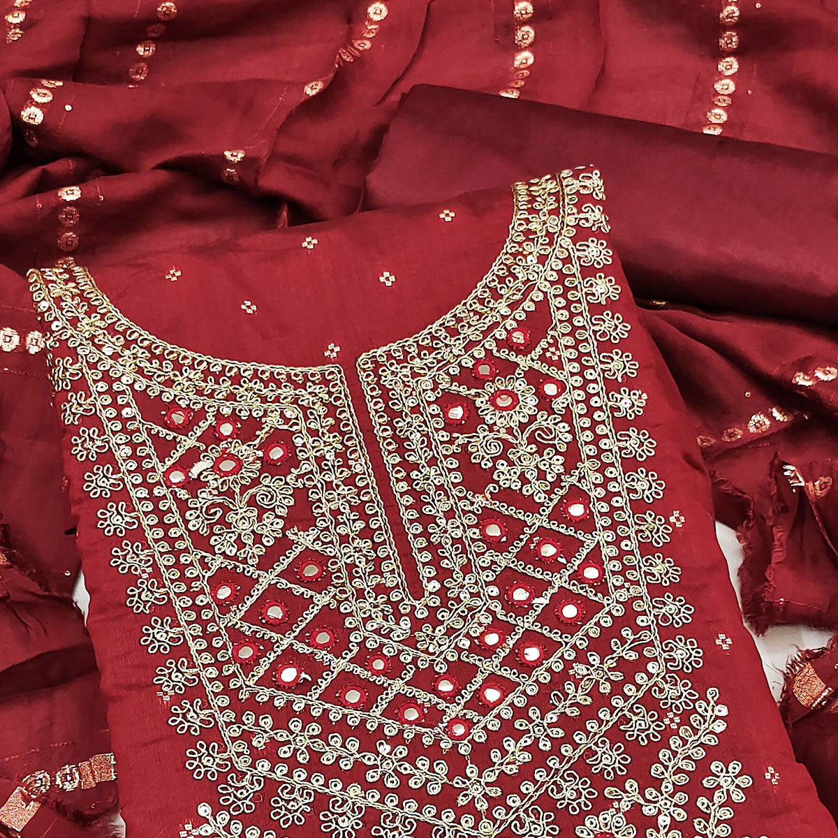 Maroon Chanderi Silk Dress Material With Intricate Floral Sequins Embroidery & Butti Work