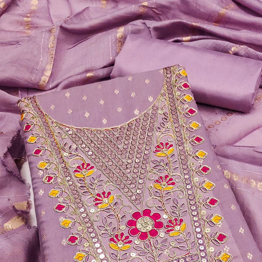 Lavender Chanderi Silk Dress Material With Delicate Floral Sequins Embroidery & Butti Work
