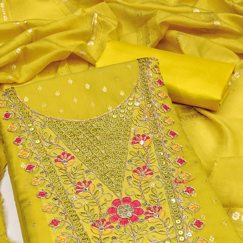 Mustard Chanderi Silk Dress Material With Delicate Floral Sequins Embroidery & Butti Work