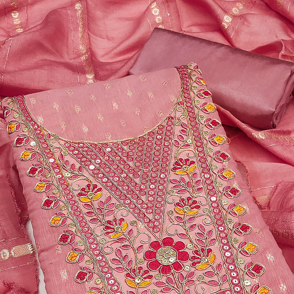 Peach Chanderi Silk Dress Material With Delicate Floral Sequins Embroidery & Butti Work