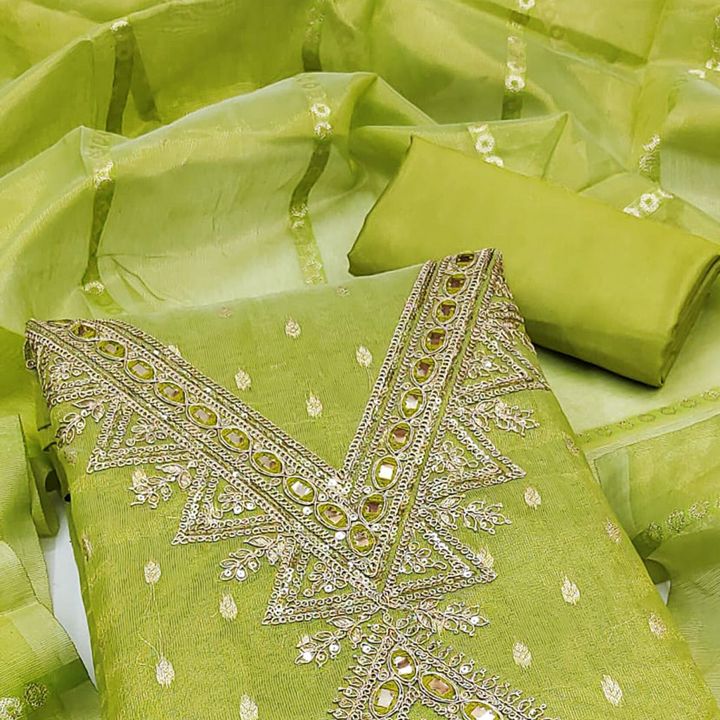 Green Jacquard Dress Material with Zari Weaving and Sequin Accents