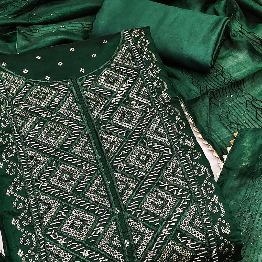 Bottle Green Shimmer Dress Material Featuring Zari Weaving & Beads Work
