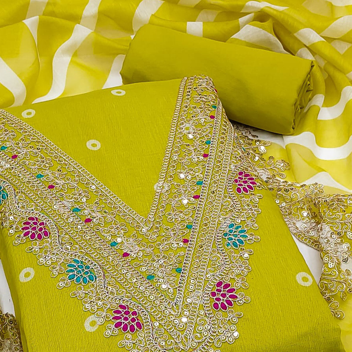 Green Printed Dress Material In Chanderi Silk with Intricate Cording & Sequin Work