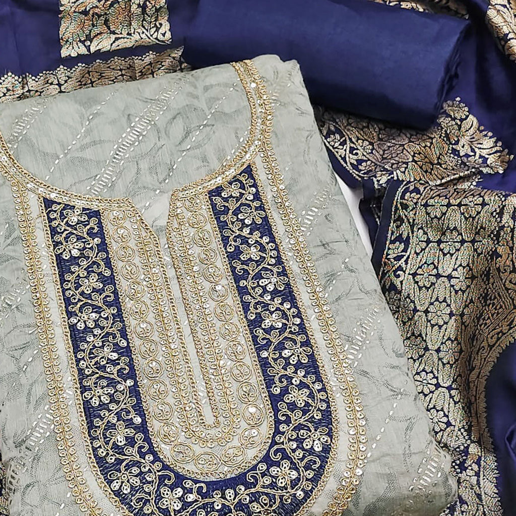 Grey Floral Printed Chanderi Silk Dress Material Embellished With Sequins & Cording