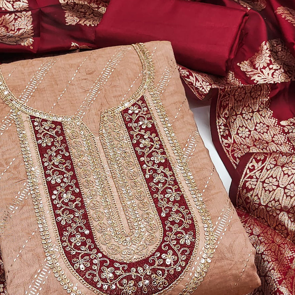 Peach Floral Printed Chanderi Silk Dress Material Embellished With Sequins & Cording